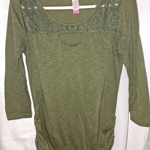 No Boundaries Olive Green Lace Yoke Long Sleeve Top